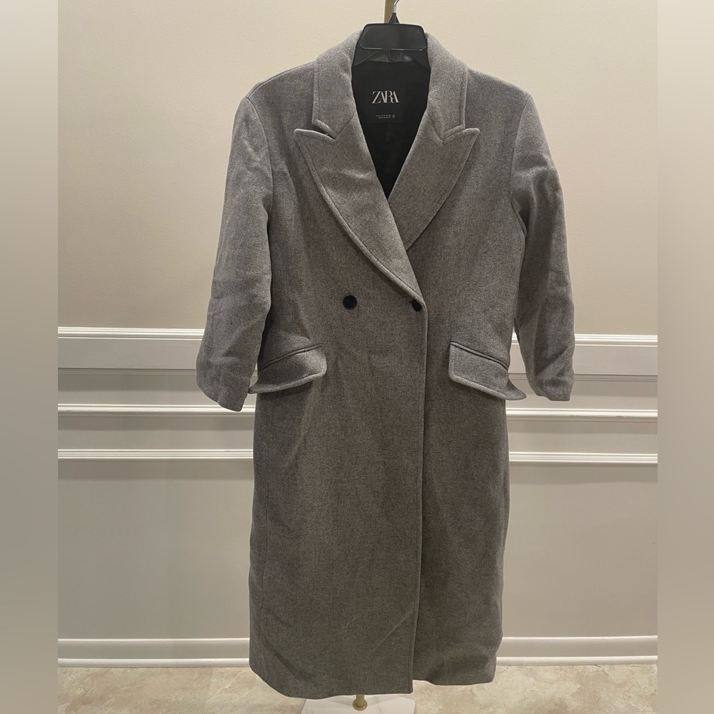 Zara Women's Light Grey Wool/Polyester Blend Trench Coat Size M
